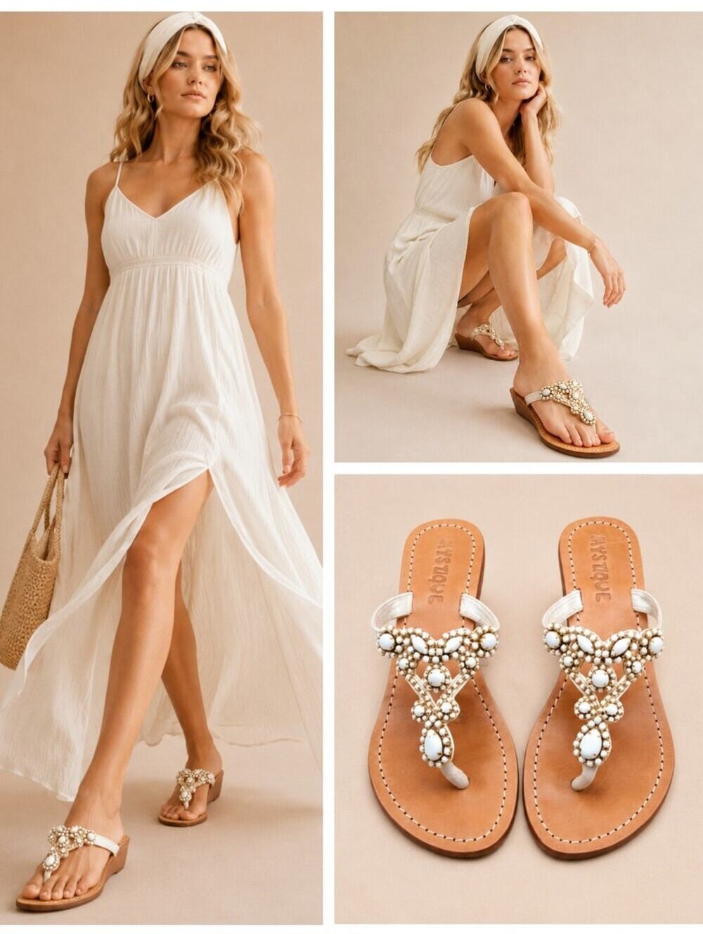 Anthropologie Mystique Jeweled Wedge Thong Sandals White Size 6  EUC  S4117
